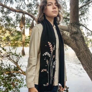 Black Wool Leaves Scarf