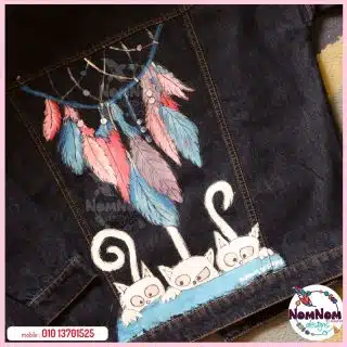 Handpainted Cats' Dreamcatcher theme Oversized Jeans Jacket
