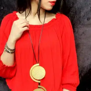 Handmade long copper necklace with leather