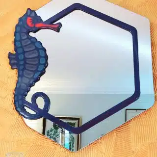 Hexagon mirror with a wooden frame and seahorse filled with resin