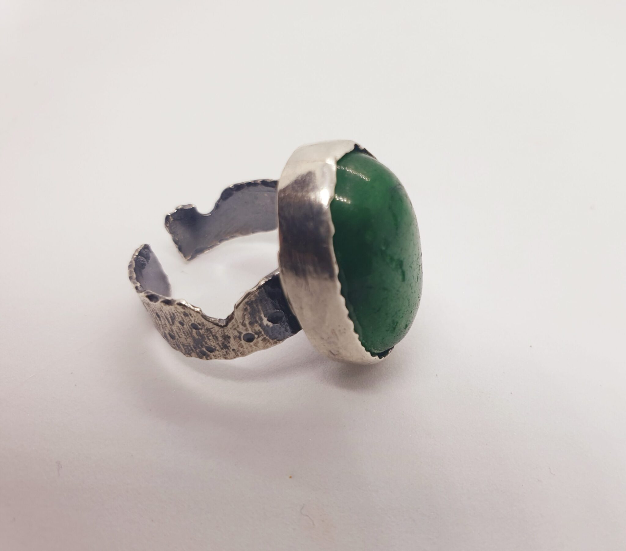 Silver aged and textured ring with green agate 3 20230309 125407 scaled scaled
