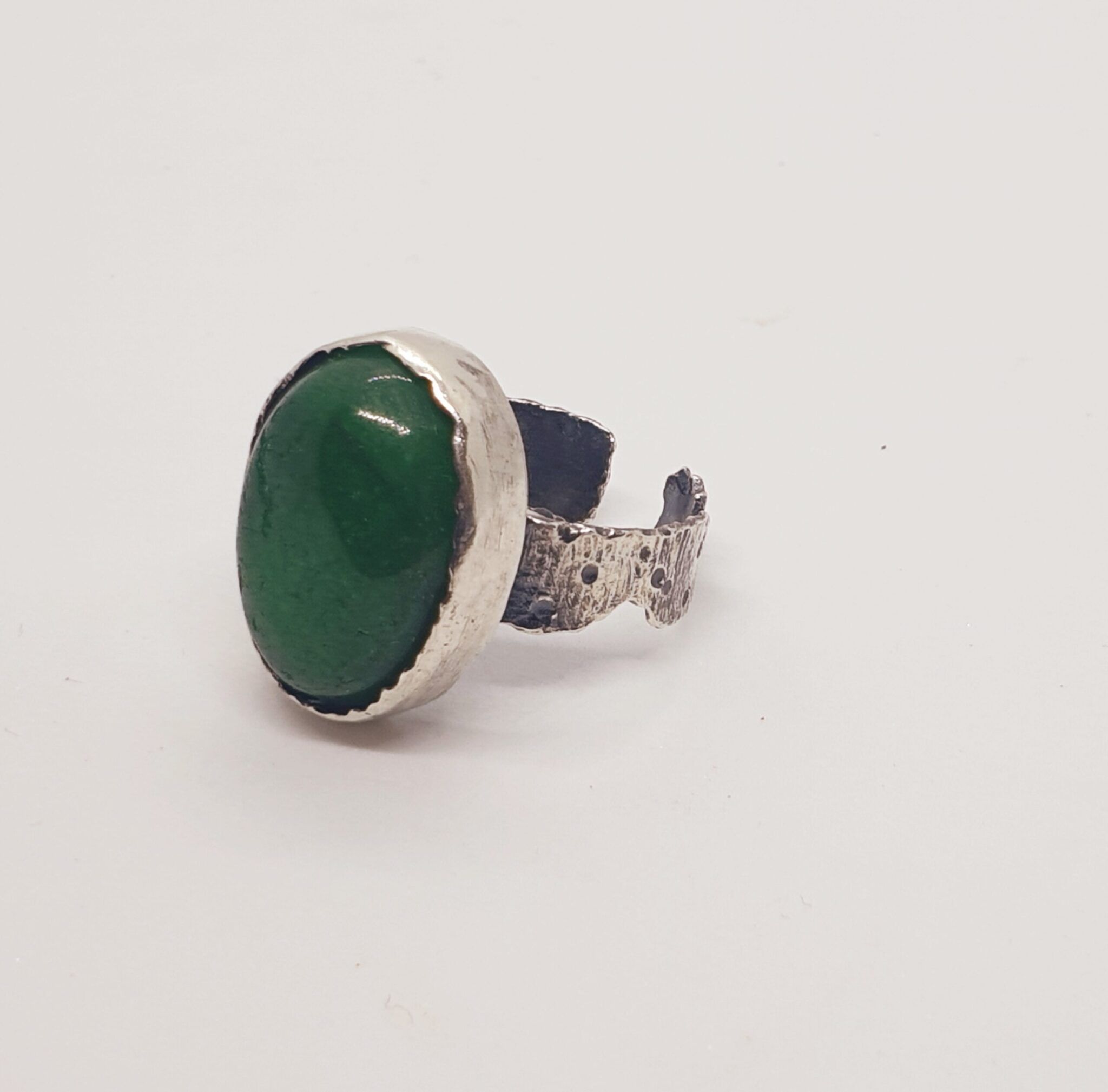 Silver aged and textured ring with green agate 1 Silver aged and textured ring with green agate