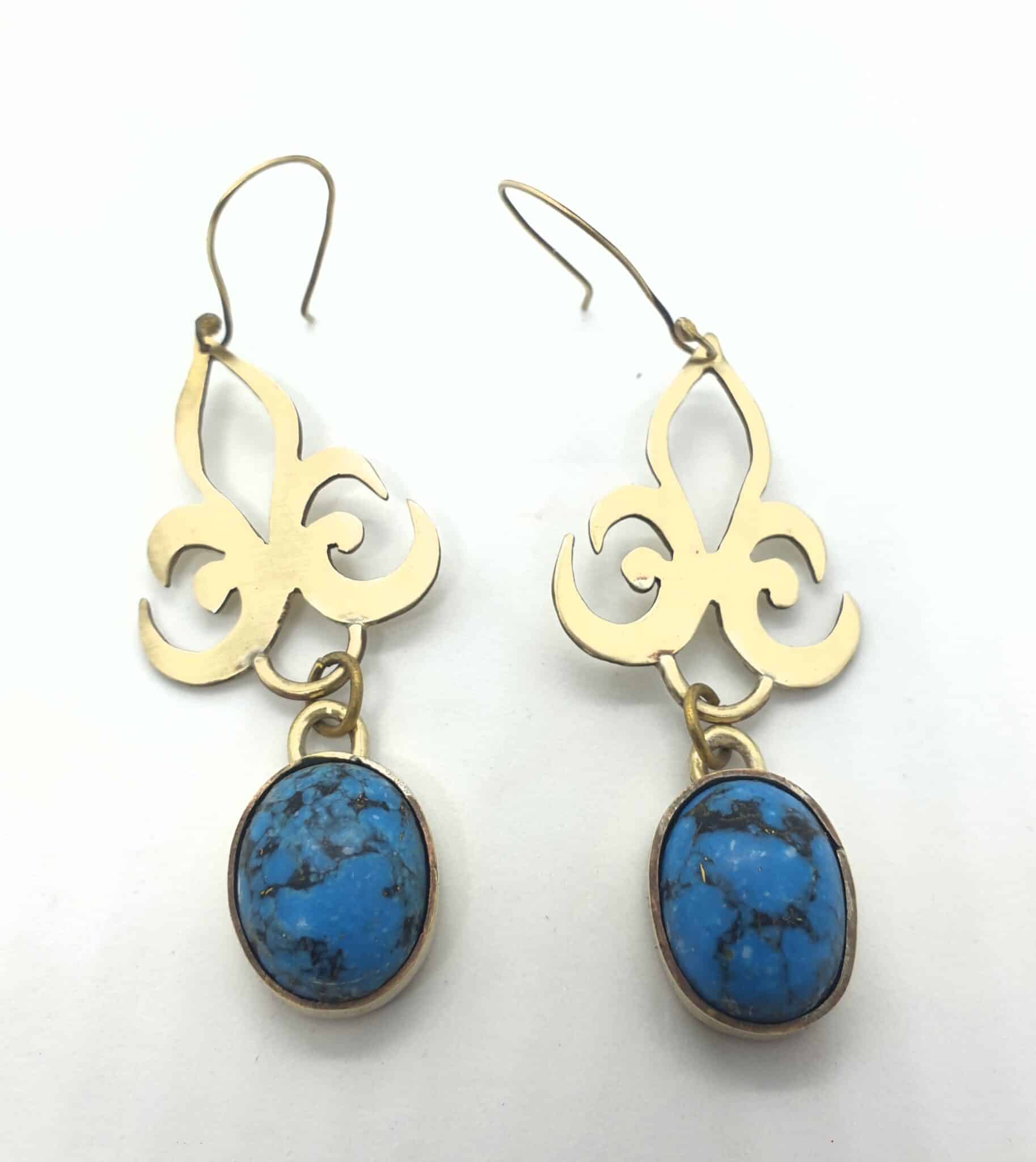 Ornamental brass earring with Mexican turquoise 1 Ornamental brass earring with Mexican turquoise