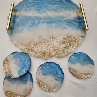 Seascape light blue round resin tray without coasters