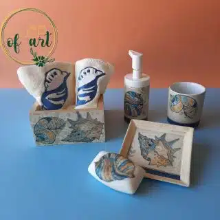 Blue and beige shells bathroom set