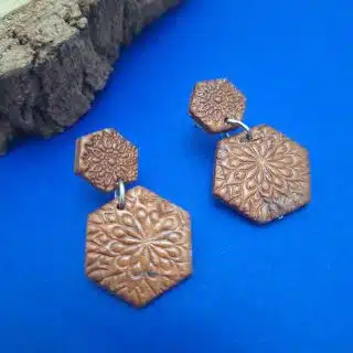 Polymer clay dangling earrings 'hexa flora' copper