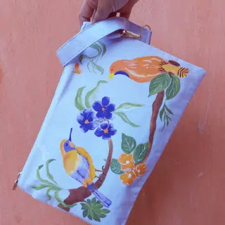 Birds Handmade Fabric Painting Lavender clutch