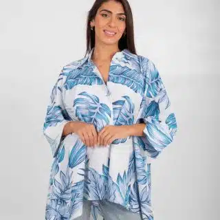 High-Low Cotton Shirt with Blue Leaves