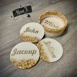 Four resin coasters with holder set