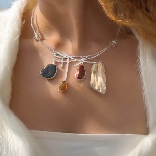 Handmade Sterling Silver Beach and Desert Stone, fossilised stone, Necklace ( code 463)