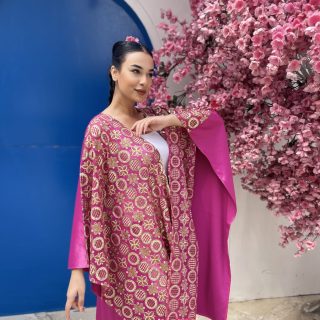 Golden embroidery pink kaftan