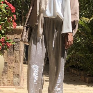 White satin shirt + silver pants