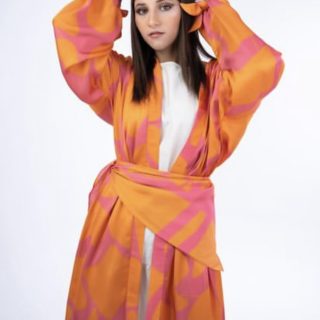 Tangerine pink silk satin kimono