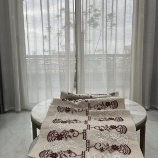 Linen with burgundy lace