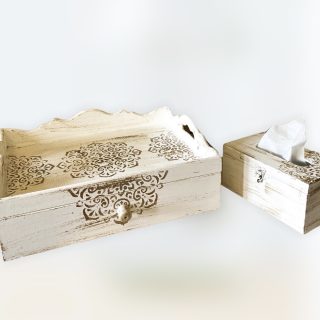 Set of white drawer tray and tissue box
