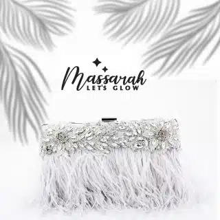 Soiree clutch with feathers