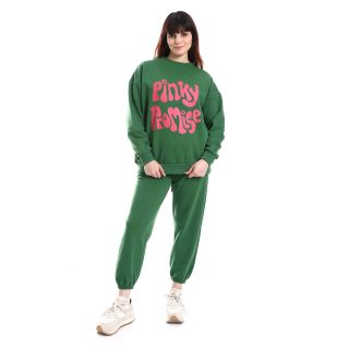 Green sweatsuit with Pinky promise quote