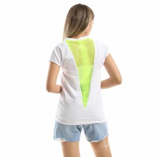 Neon Yellow Floral hives back mesh white shirt