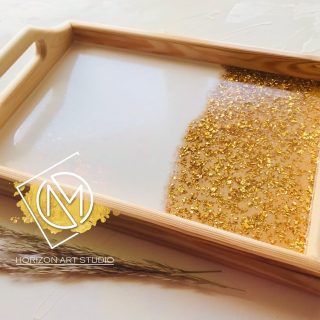 White Golden leaves resin tray