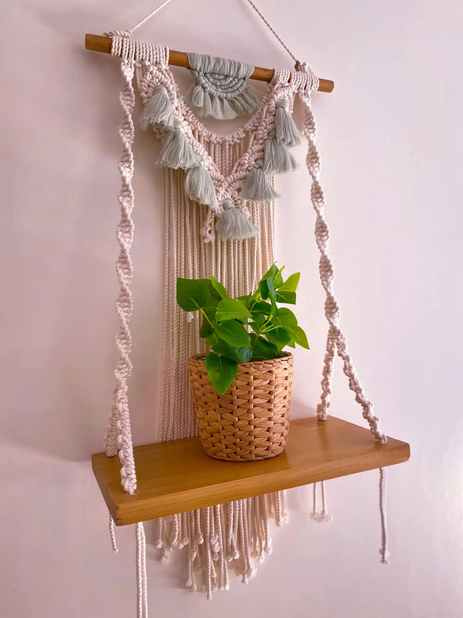 Macrame wall shelf with mint tassels 1 Macrame wall shelf with mint tassels