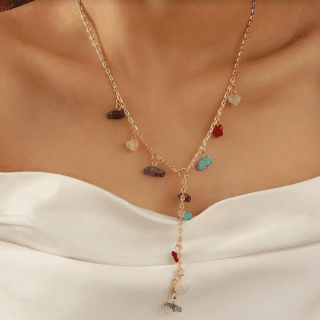 Gold plated necklace with colorful stones.