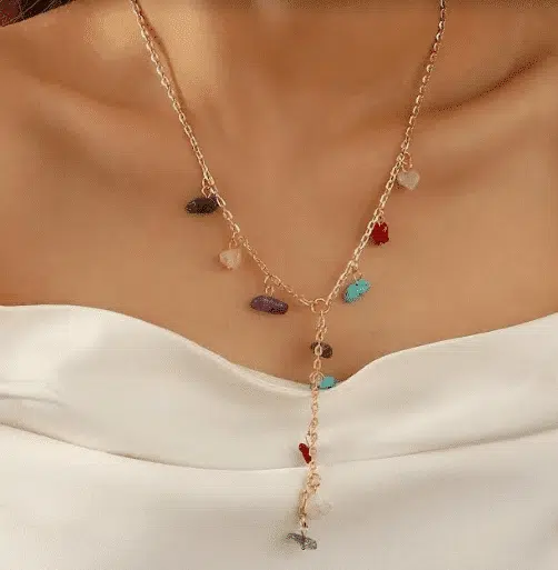 Gold plated necklace with colorful stones. 1 Gold plated necklace with colorful stones.