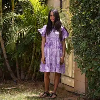 Purple tie-dye Ruffle sleeve dress