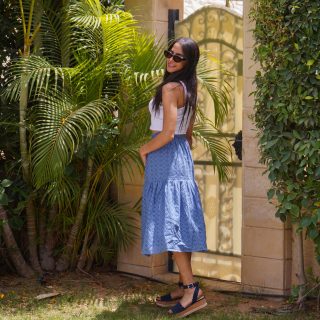 Classic Blue eyelet midi skirt