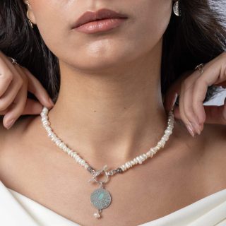 Sterling Silver Double Sided Pendant with Pearls Necklace.