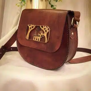 0102 Handmade Genuine leather cross bag with handmade copper figure