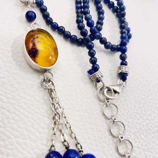 Amber with Lapislazpli , and silver necklace