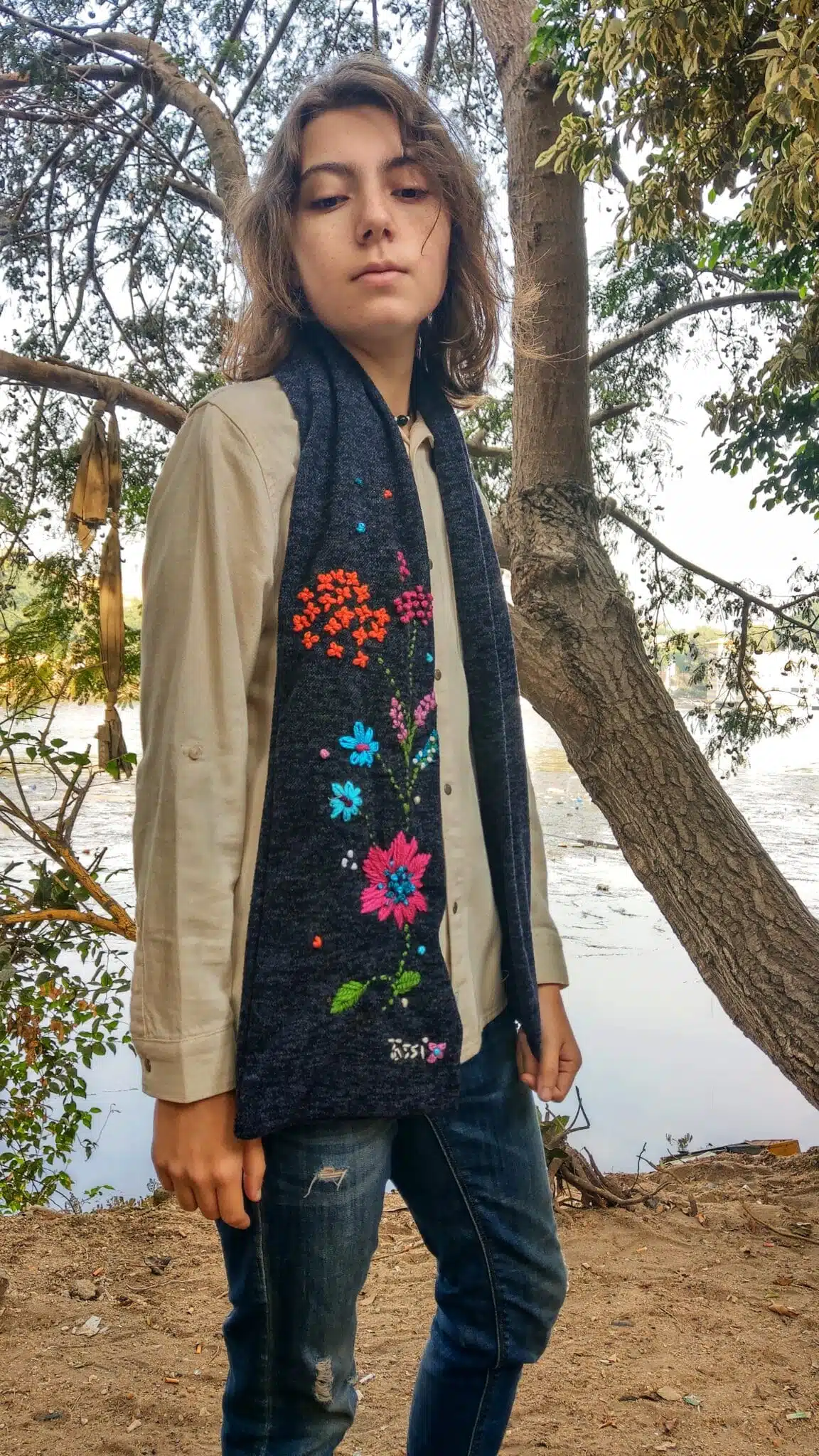 Navy Wool Floral Scarf 1 Navy Wool Floral Scarf