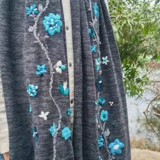 Blue Floral Grey Long Scarf