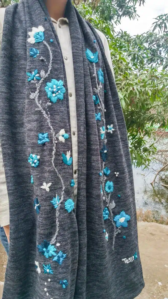 Blue Floral Grey Long Scarf 1 Blue Floral Grey Long Scarf