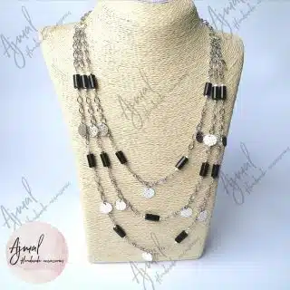 Long silver plated necklace with black stones