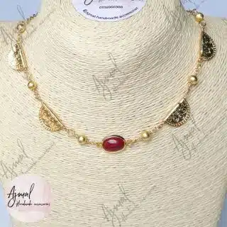 Brass gold plated necklace with red stone