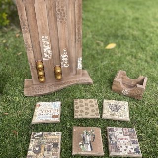 Set of Coffee Capsules Holder & Coasters Rustic Brown