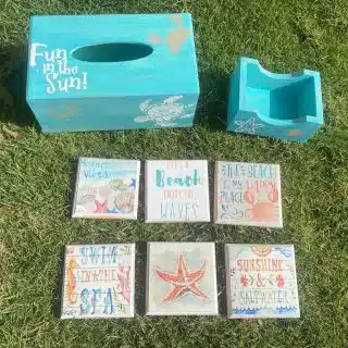 Coral Turquoise Tissue Box & Coasters