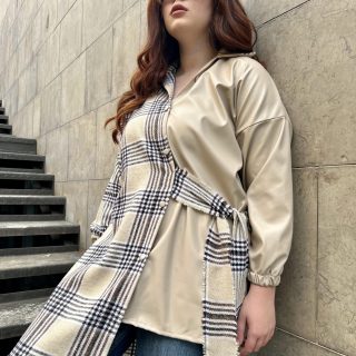 Assymetric Shacket with removable belt in beige