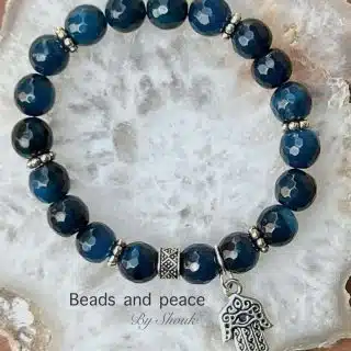 Blue Agate stretch bracelet with Fatima’s hand charm