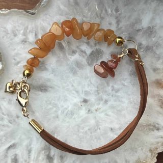 Orange quartzite chips bracelet, brown leather, gold filled spacers, finding, tiny heart charm with clasp