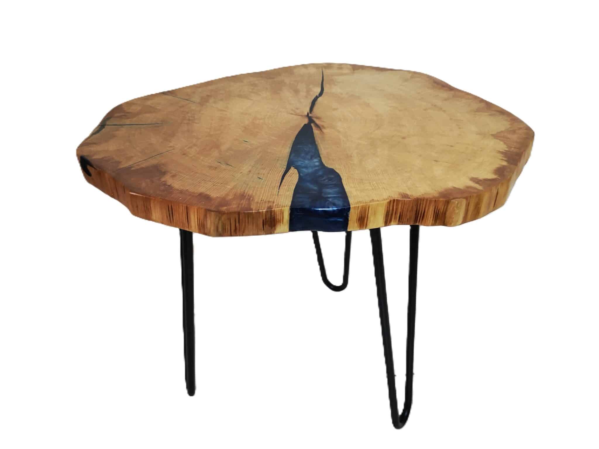 Live Edge Coffe Table 1 live edge coffee table with crack filled with dark blue and off-white epoxy