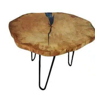 live edge coffee table with crack filled with dark blue and off-white epoxy