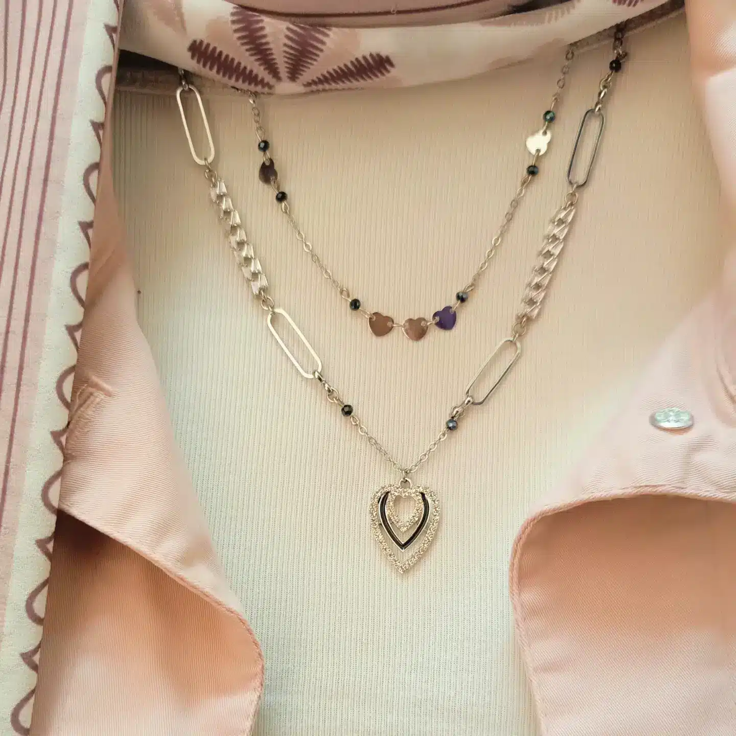 2-layered silver colour heart necklace 1 2-layered silver colour heart necklace