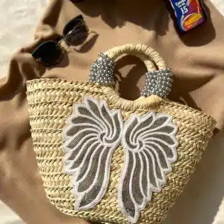 Silver pearl wings straw bag