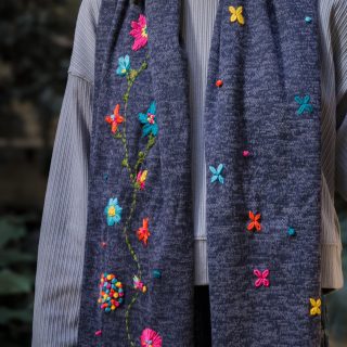 Navy blue wool floral scarf