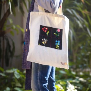 Four Flowers Black Patch Tote Bag