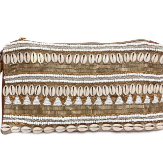 Sea Shells clutch with golden beads and a leather back