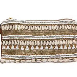 Sea Shells clutch with golden beads and a leather back