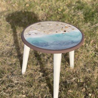 Wooden side table, made of wood and resin